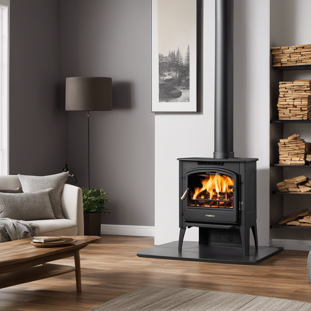 An image showcasing a high-efficiency wood burning stove surrounded by fire safety and carbon monoxide detectors, highlighting their crucial role in ensuring safe operation