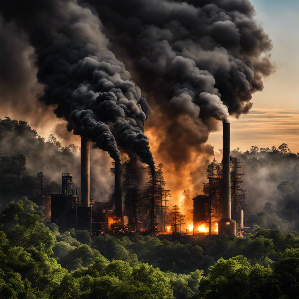 An image capturing the environmental impact of wood pellet heat, depicting a dense forest devastated by deforestation, smokestacks emitting dark plumes, and the contrast of polluted air against the purity of untouched nature
