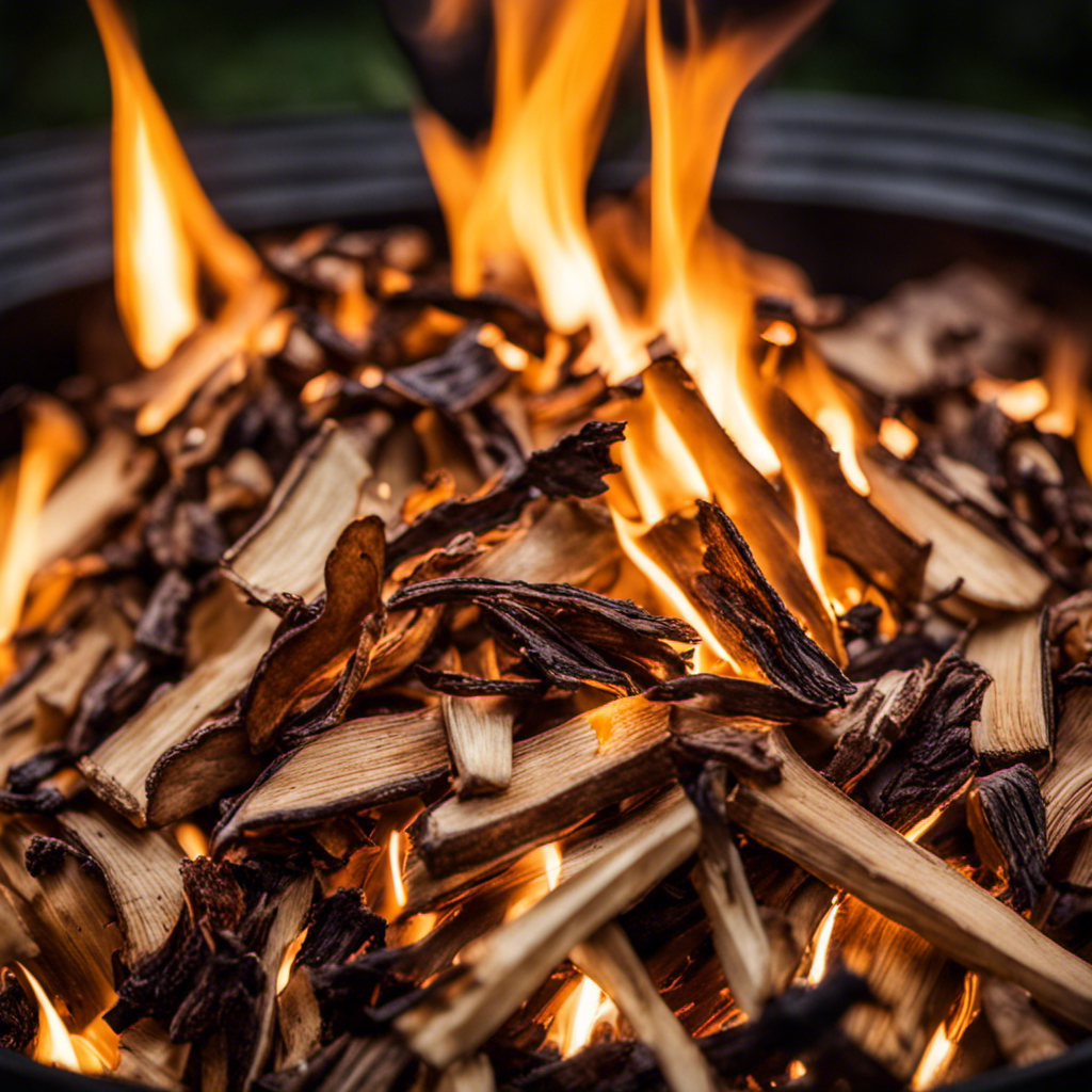 An image showcasing a variety of wood chips, each emitting distinct aromas, as they sizzle and smoke on an outdoor stove