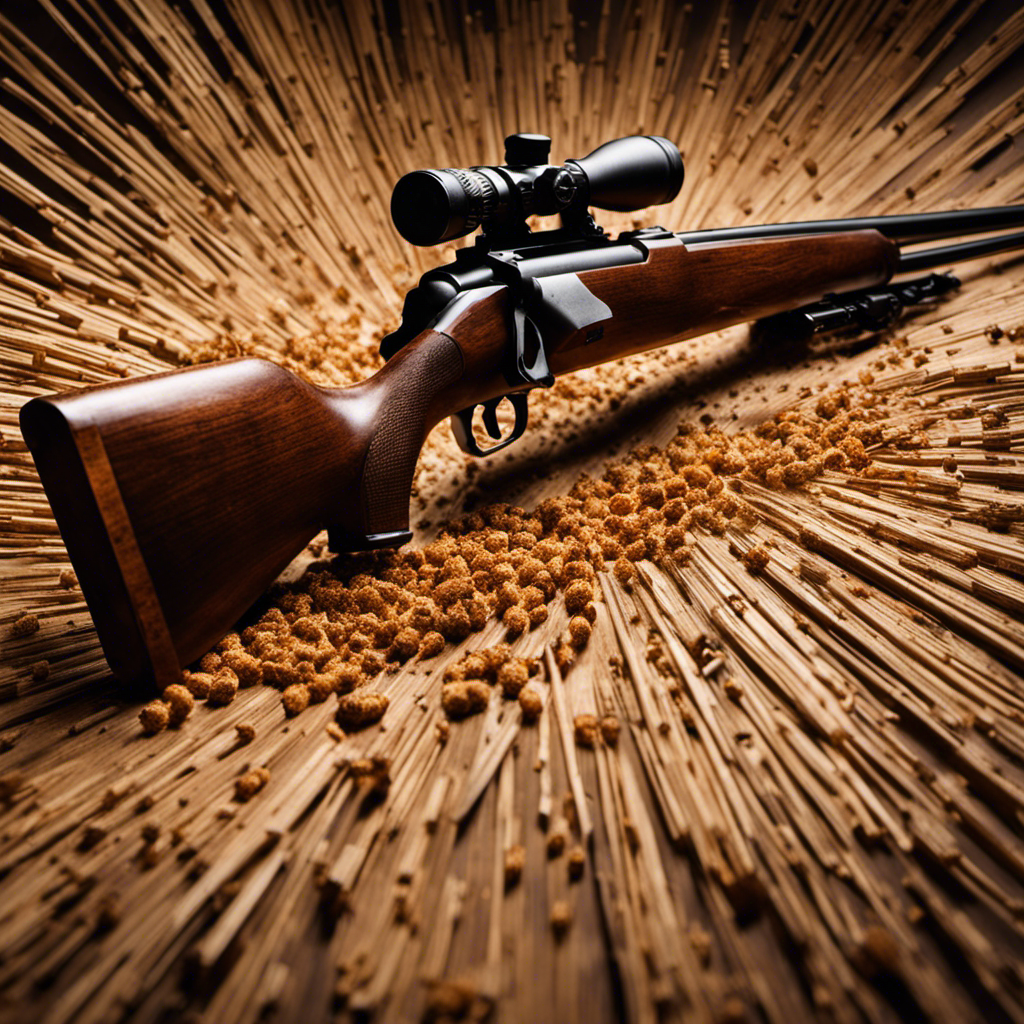 An image capturing the intense power of a wood pellet rifle: a close-up shot of a pellet suspended mid-air, frozen in time, as it pierces through a solid wooden target, splintering it into countless fragments