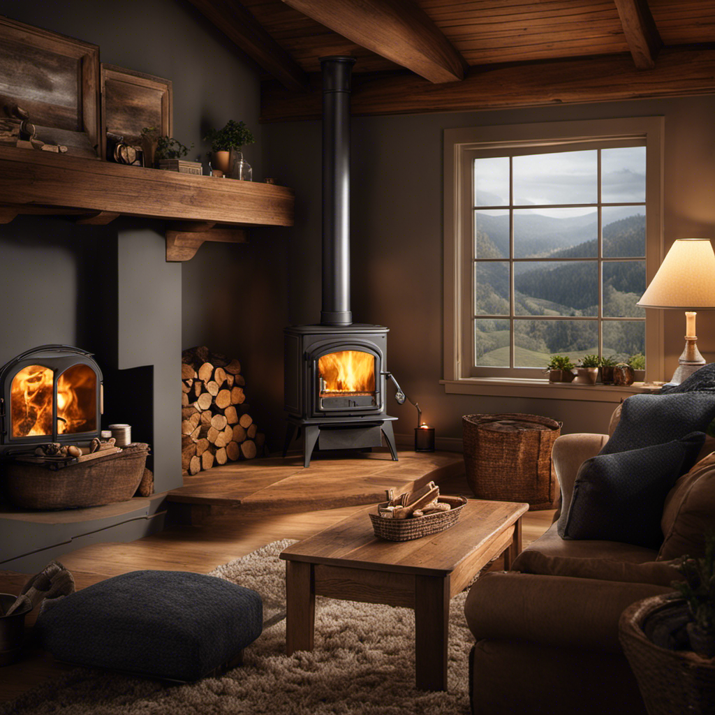 An image depicting a cozy living room with a wood stove emitting a faint smoke scent, while a person diligently cleans the air by opening windows, using air purifiers, and strategically placing bowls of vinegar and baking soda to neutralize cigarette and wood stove smoke odors