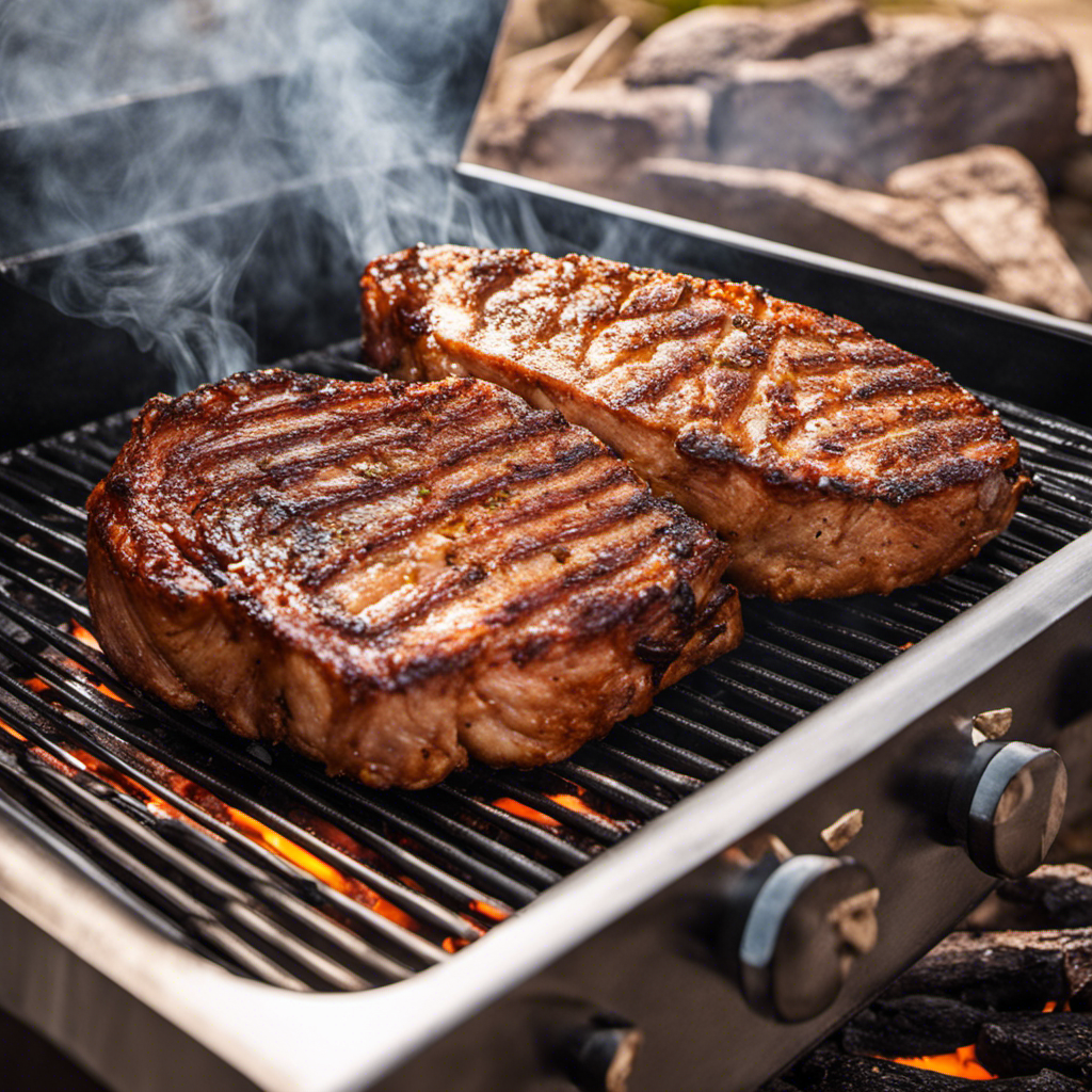 An image showcasing a succulent pork chop sizzling on a Piy Boss Wood Pellet Grill