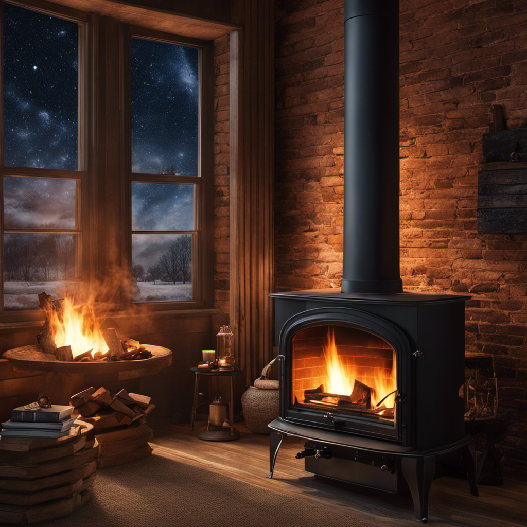 An image showcasing a cozy living room with a roaring fire in a wood stove