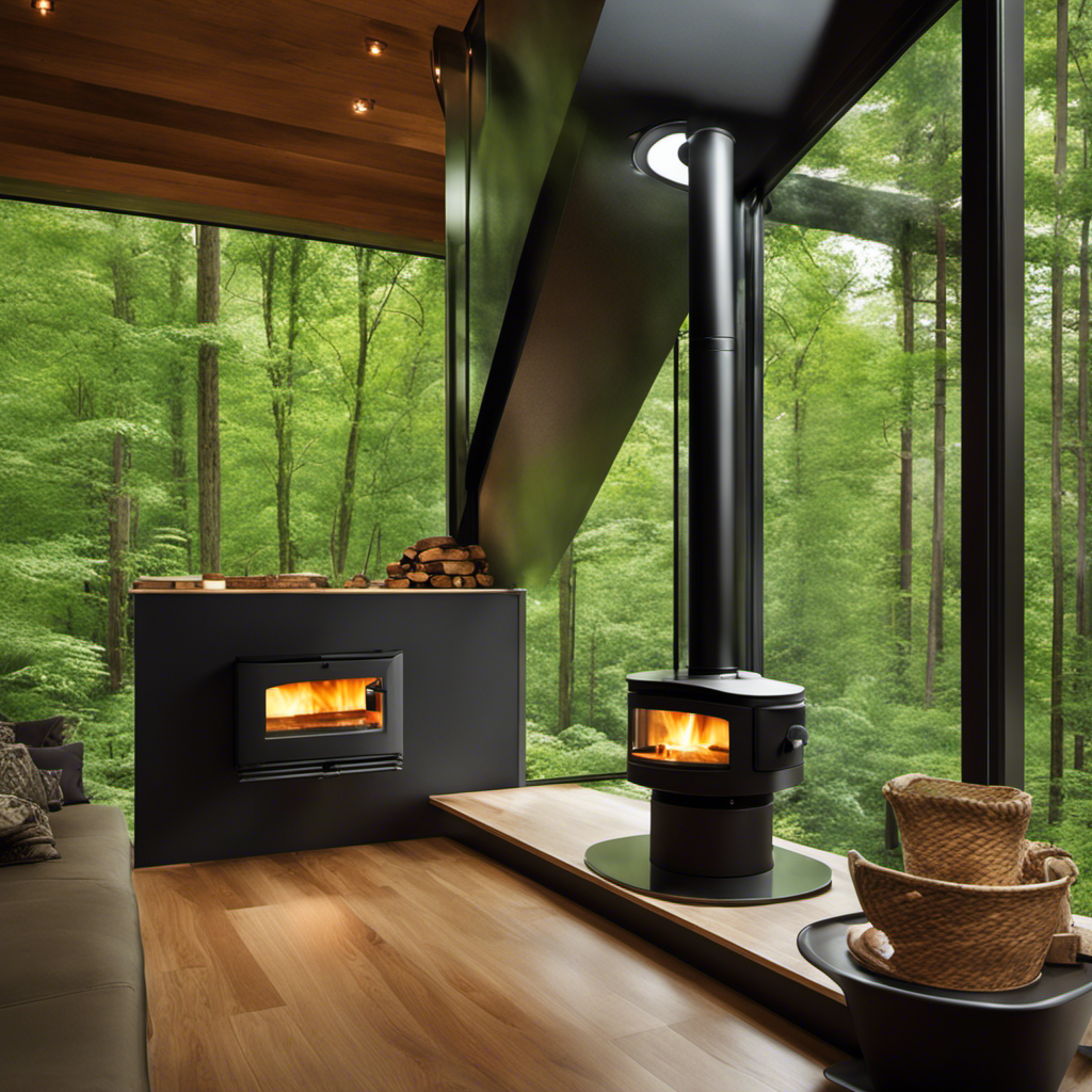 An image showcasing a modern wood stove emitting clean smoke through a catalytic converter, surrounded by a lush green forest
