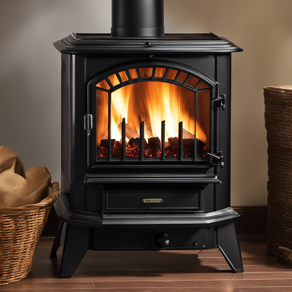 An image showcasing a hand turning the pellet stove's air intake control knob to decrease the opening size, while another hand adjusts the fuel feed rate dial to increase the flow, all against a backdrop of stacked hardwood pellets