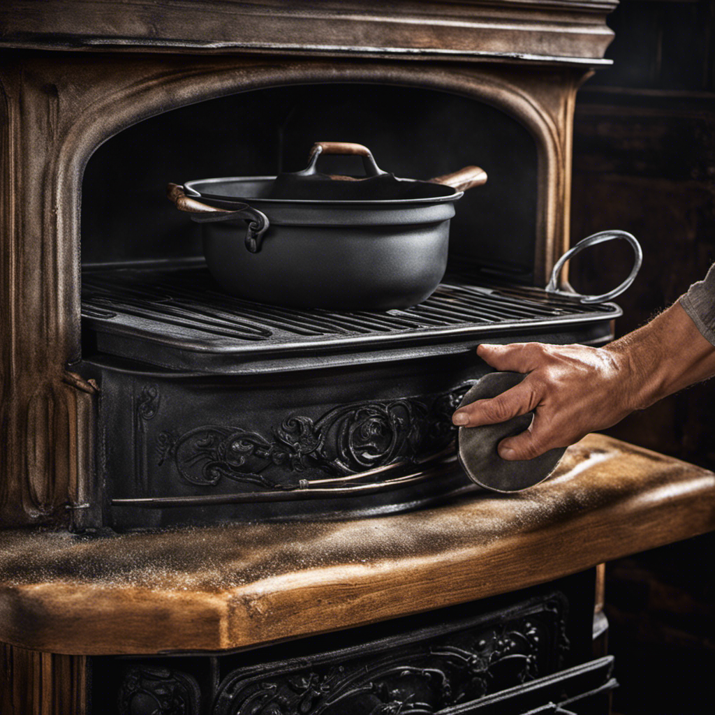 An image capturing the process of cleaning a cast iron wood stove: A pair of gloved hands meticulously scrubbing the stove's surface with a wire brush, removing soot and grime, while a soft cloth and metal polish gleam nearby