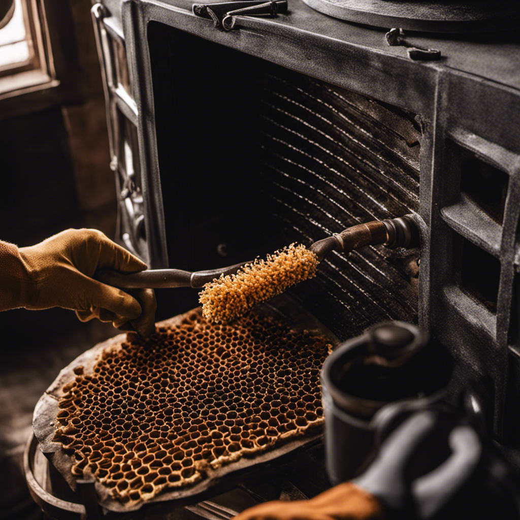 An image showcasing a pair of gloved hands delicately removing the catalytic combustor from a wood stove