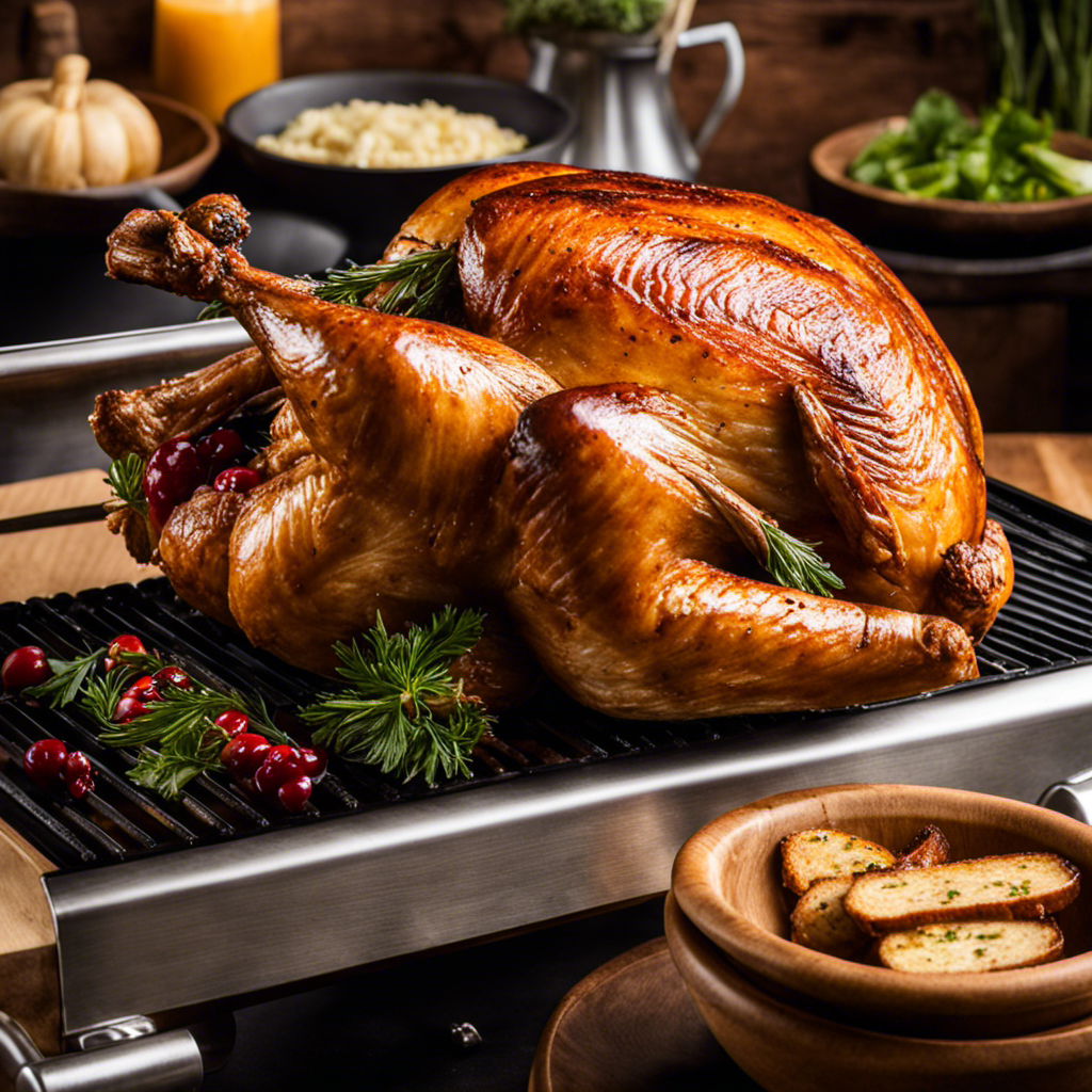An image showcasing a golden-brown turkey, perfectly roasted on a Traeger Wood Pellet Grill