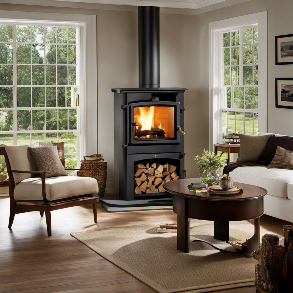An image showcasing a cozy living room with a high-efficiency wood burning stove as the focal point