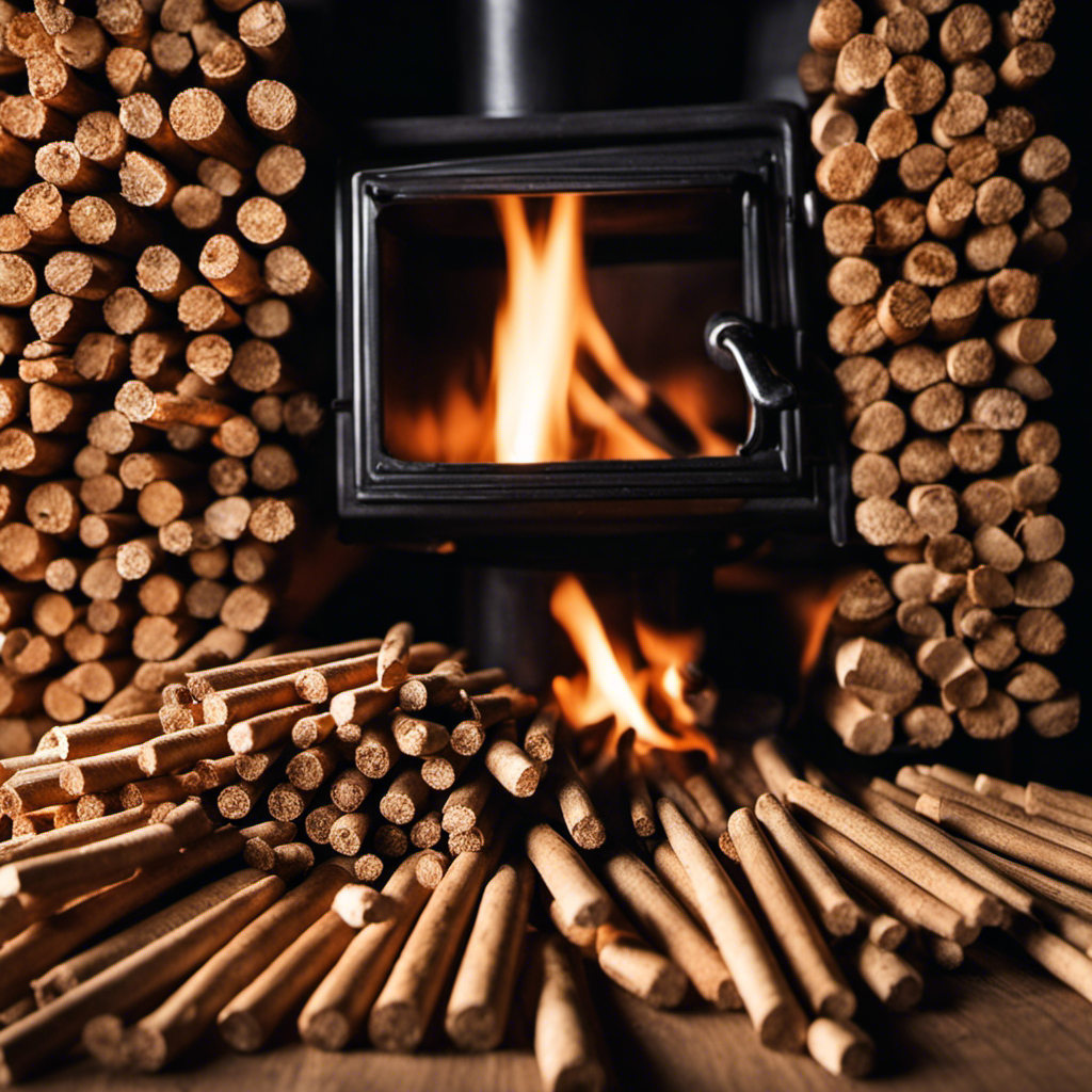 An image featuring a close-up of a hand delicately holding a long matchstick, gently touching the tip to the pile of neatly stacked wood pellets inside a stove