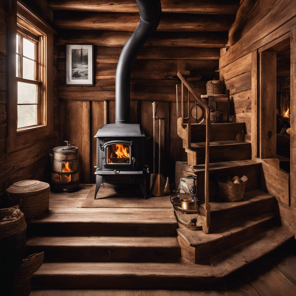 An image showcasing two strong individuals, sweating and straining, as they carefully navigate a narrow staircase, one step at a time, with their hands gripping a massive 500 lb wood stove, its rustic charm contrasting against the modern surroundings