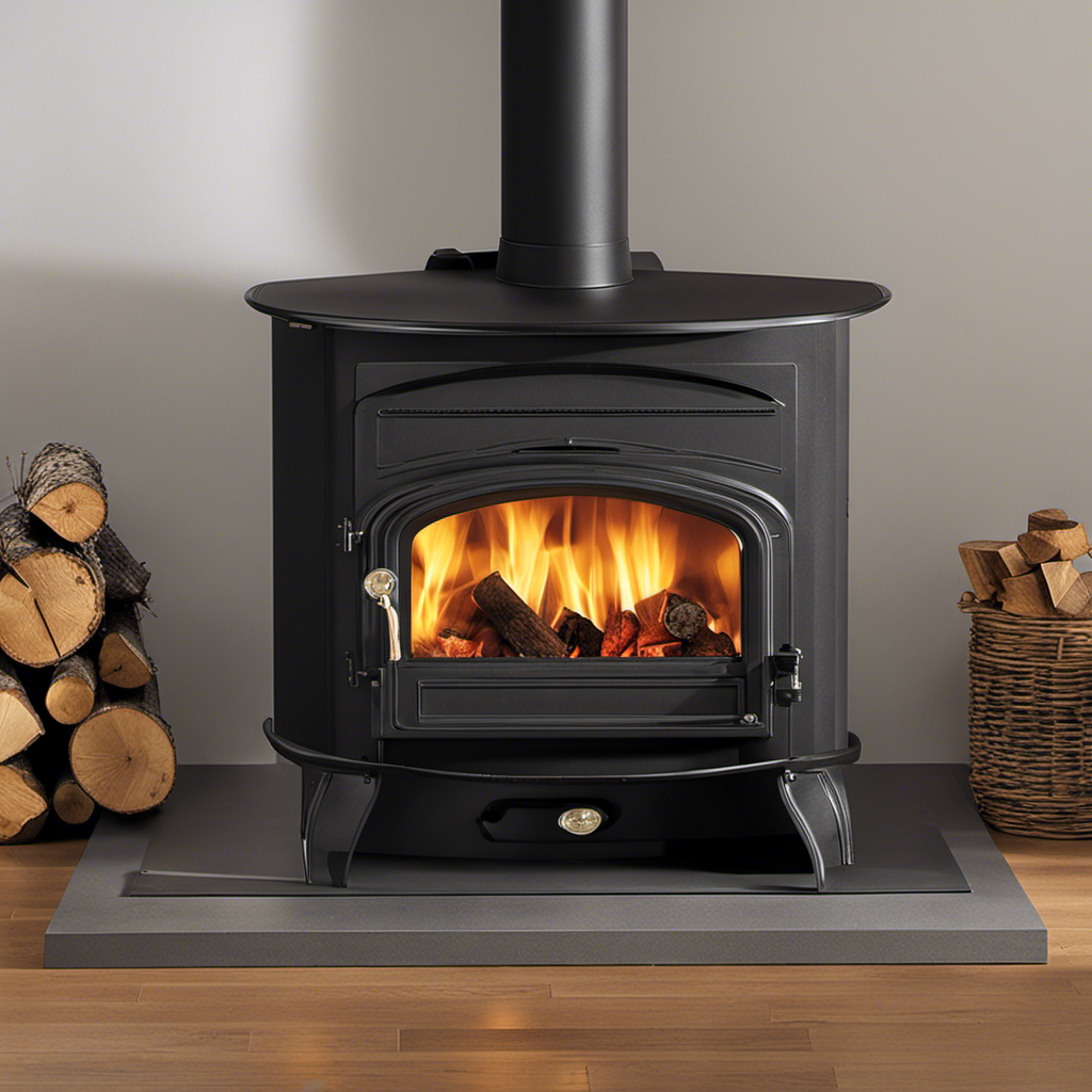 An image of a well-maintained wood stove with a sturdy metal screen, surrounded by a pile of untouched logs, a fully closed damper, and a visible smoke-free chimney, showcasing effective measures to prevent Amber from throwing up inside