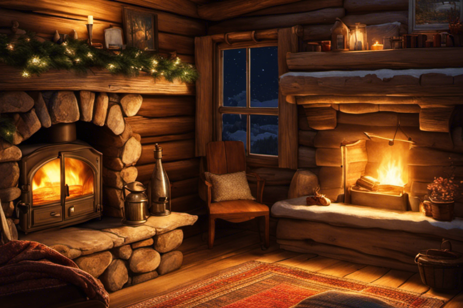 An image capturing a cozy cabin interior at night; a crackling wood stove radiating golden warmth, casting dancing shadows on the walls, while a thick plaid blanket envelops a peacefully slumbering individual