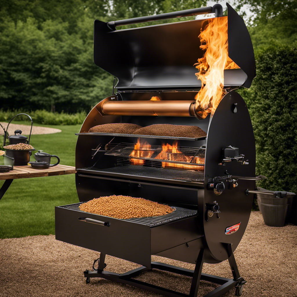An image capturing the intricate mechanism of a wood pellet grill, depicting the process of wood pellets being fed into the auger, ignited by a hot rod, and smoke infusing the food through the convection fan