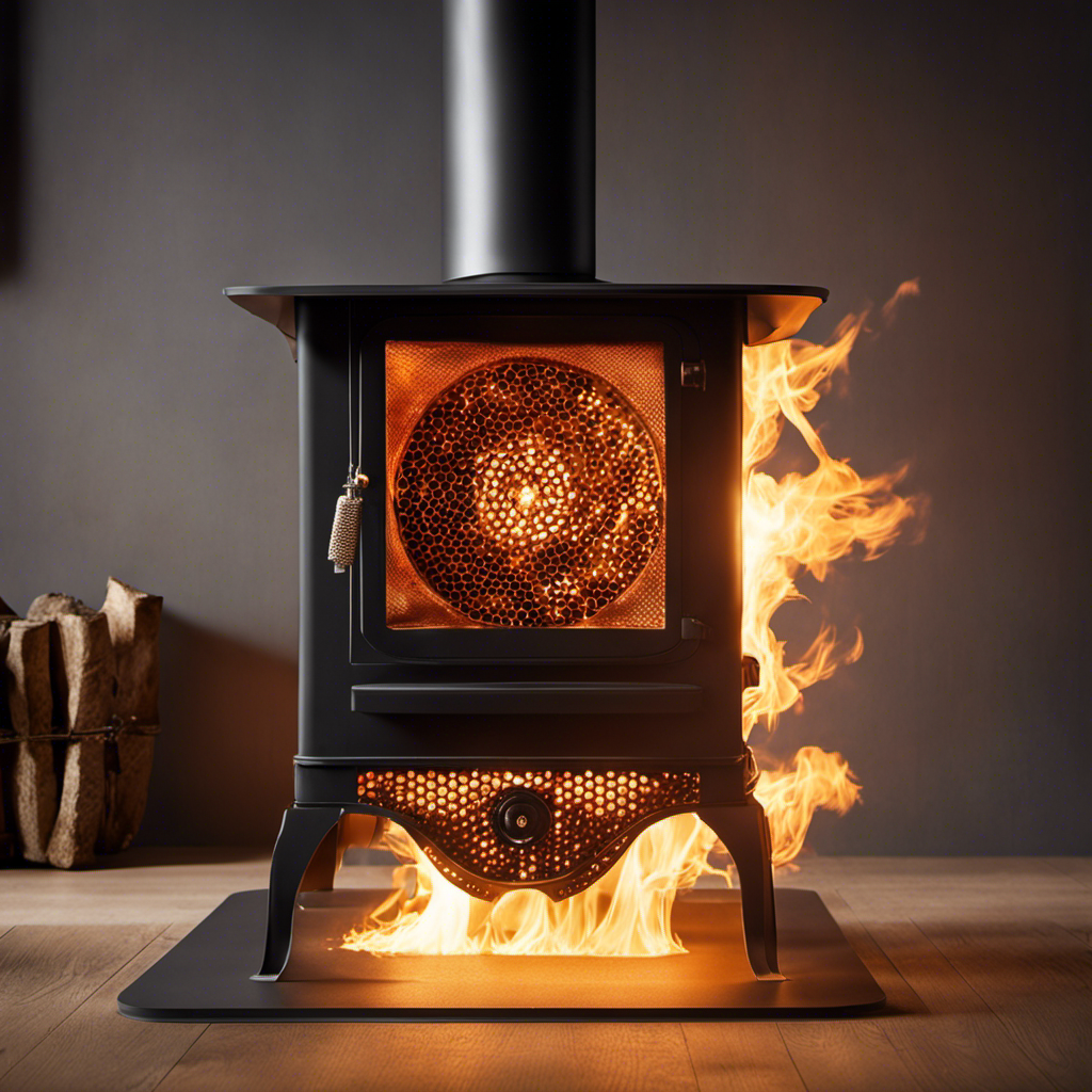 An image showcasing a close-up of a wood stove catalytic combustor in action, with flames dancing through its honeycomb-like structure