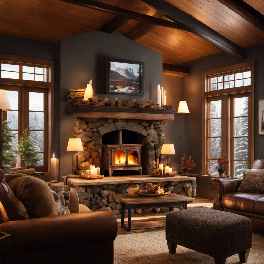 An image showcasing a cozy living room with a wood stove emitting radiant heat
