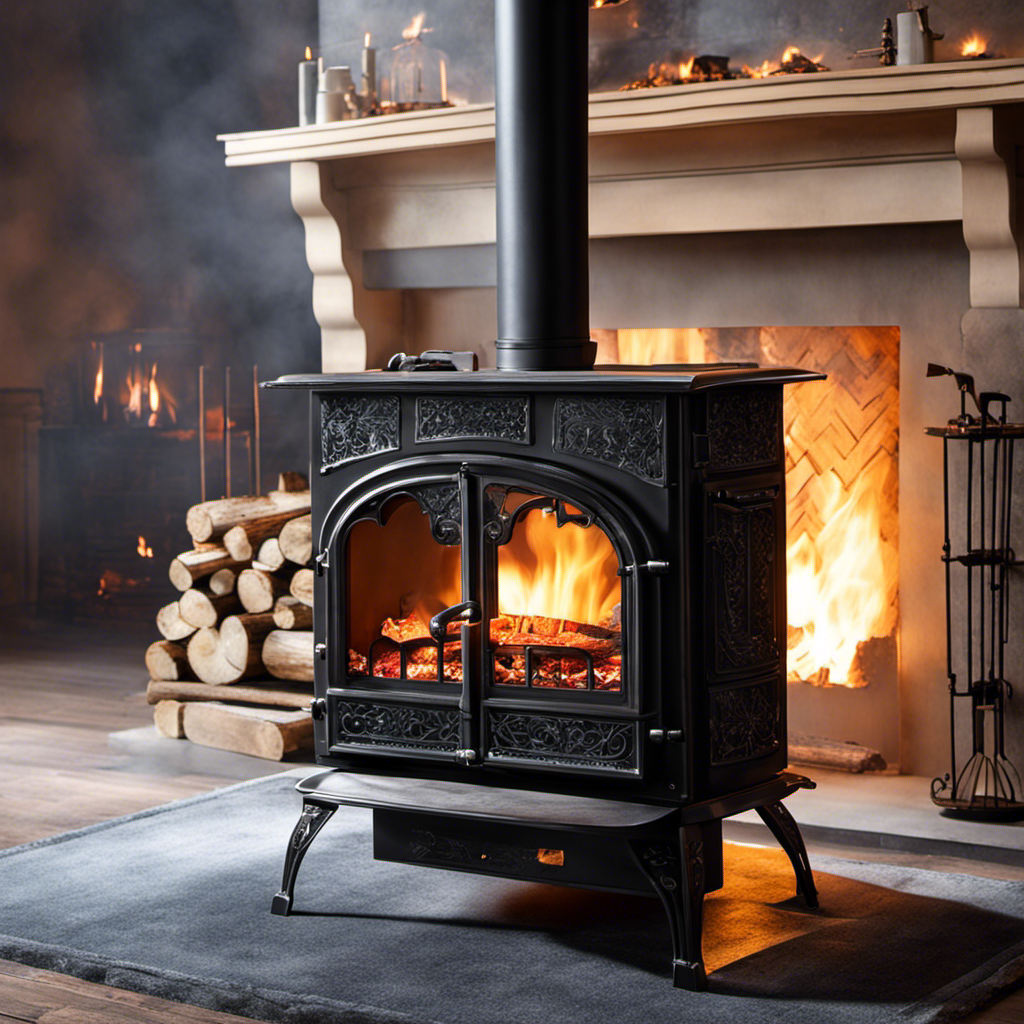 An image showcasing the inner workings of a wood stove: flickering flames dance atop a bed of glowing embers, while wood logs feed the fire through a cast iron door, surrounded by intricate airflow channels and a chimney releasing wisps of smoke into the crisp winter air
