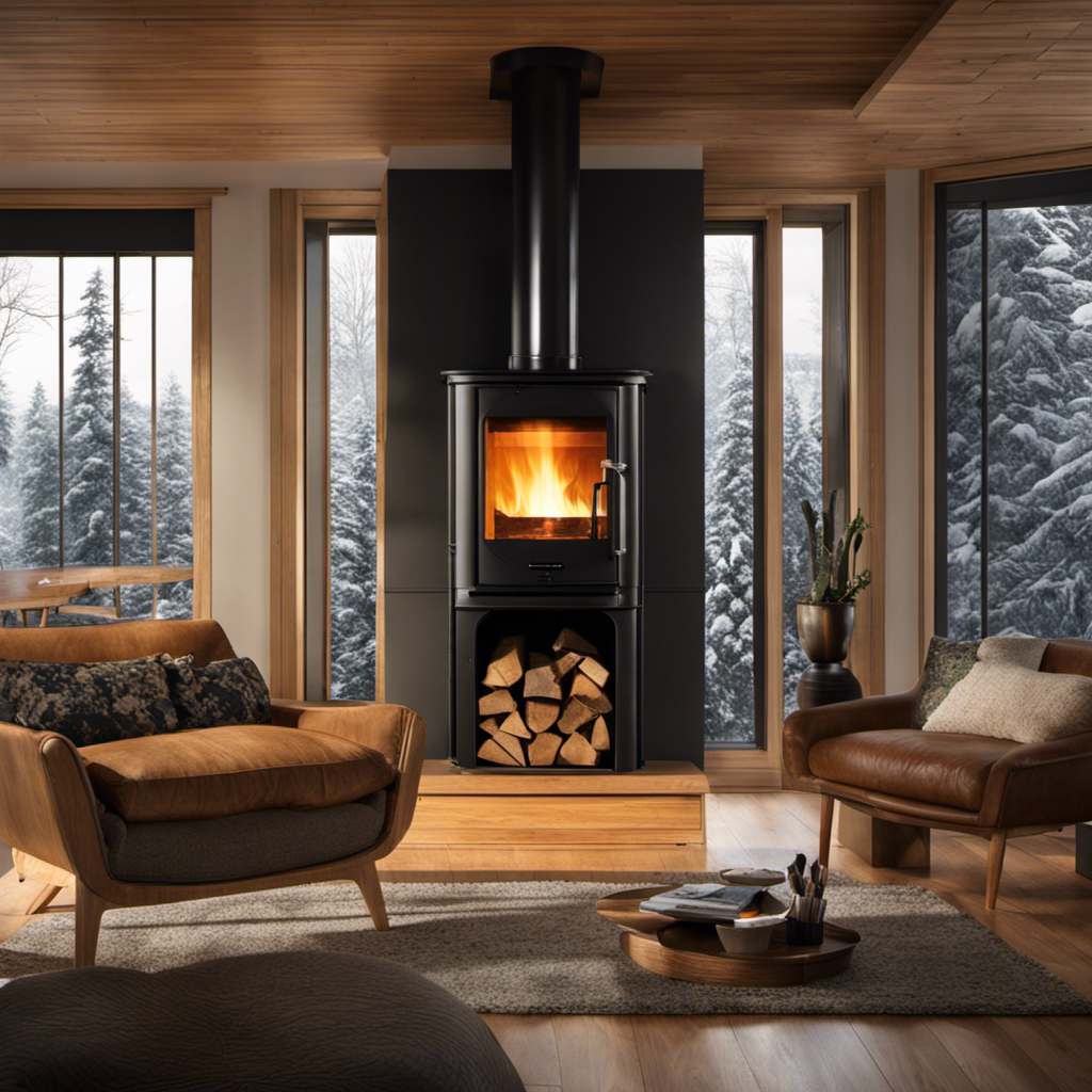 An image depicting a cozy living room with a modern wood stove as the focal point