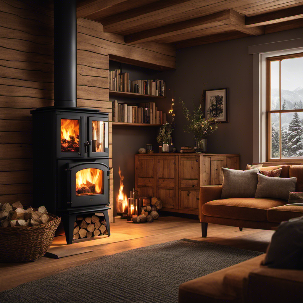 An image depicting a cozy living room with a crackling fire in a wood-burning stove on one side, radiating warm, flickering light, and a modern pellet stove on the other, emitting a consistent, comforting warmth