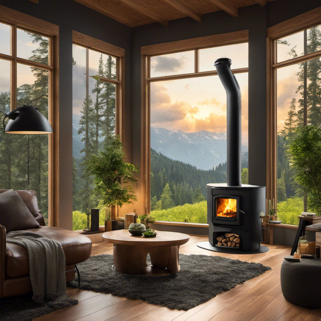 An image depicting a cozy living room with a modern eco-friendly wood stove as the focal point, surrounded by lush green plants and a window showcasing a breathtaking view of a pristine forest