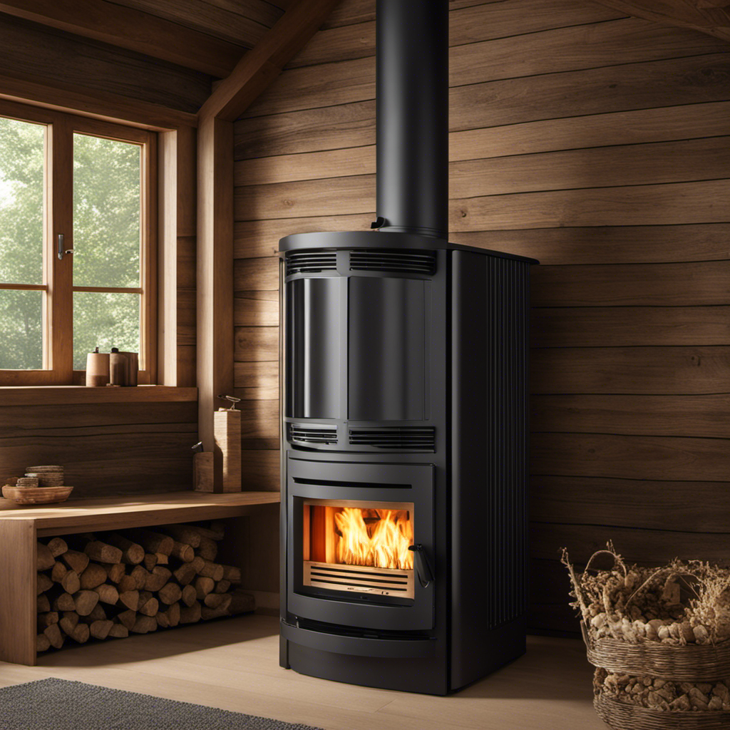 An image that showcases the intricate mechanics of a wood pellet stove, depicting the automated feeding system, combustion chamber, heat exchanger, and exhaust system, all working seamlessly to provide efficient and eco-friendly warmth