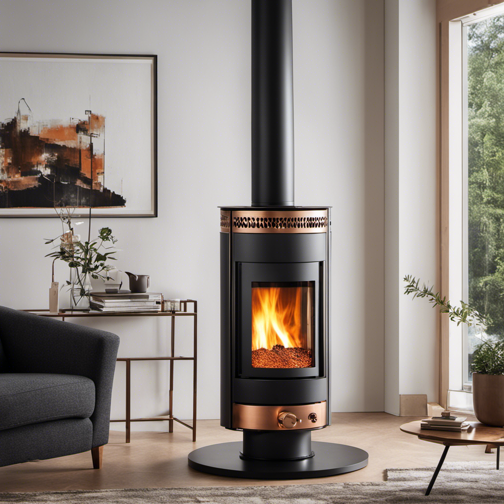 An image showcasing the inner workings of a wood pellet stove: glowing embers nestling in a sleek combustion chamber, surrounded by a labyrinth of copper pipes, efficiently transferring warmth to a cozy living space