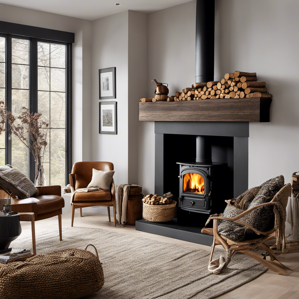 An image showcasing a cozy living room with a wood burning stove or pellet stove as the focal point