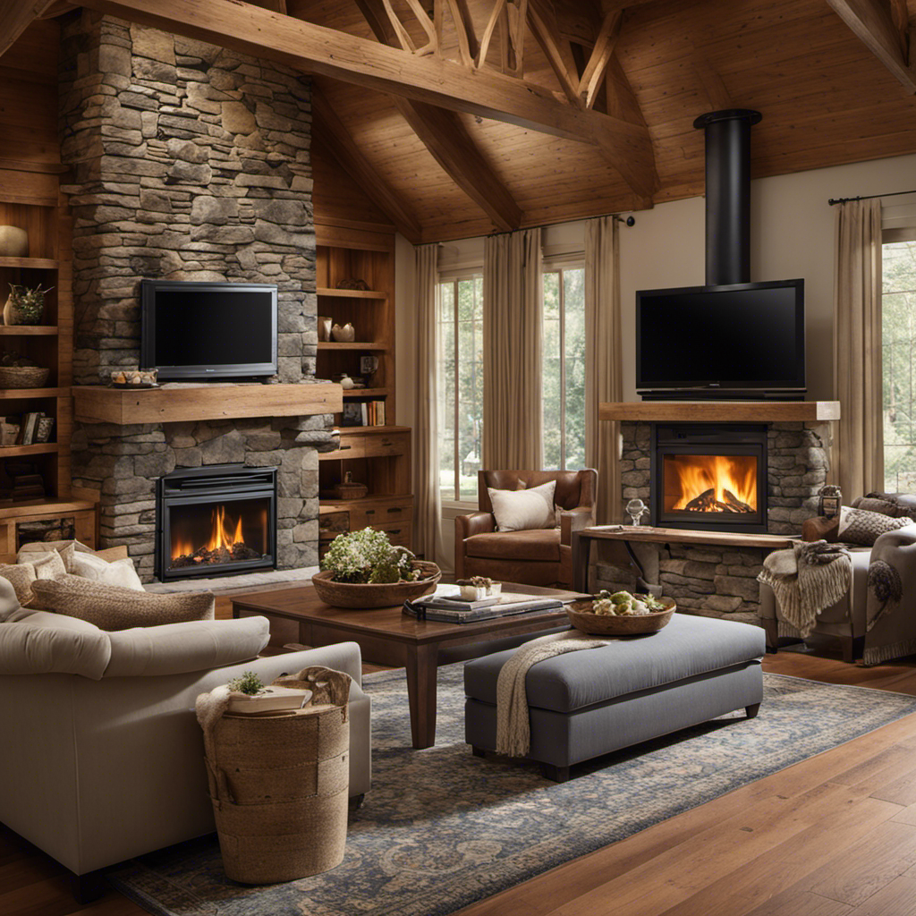 An image showcasing a cozy living room, with a wood stove as the focal point