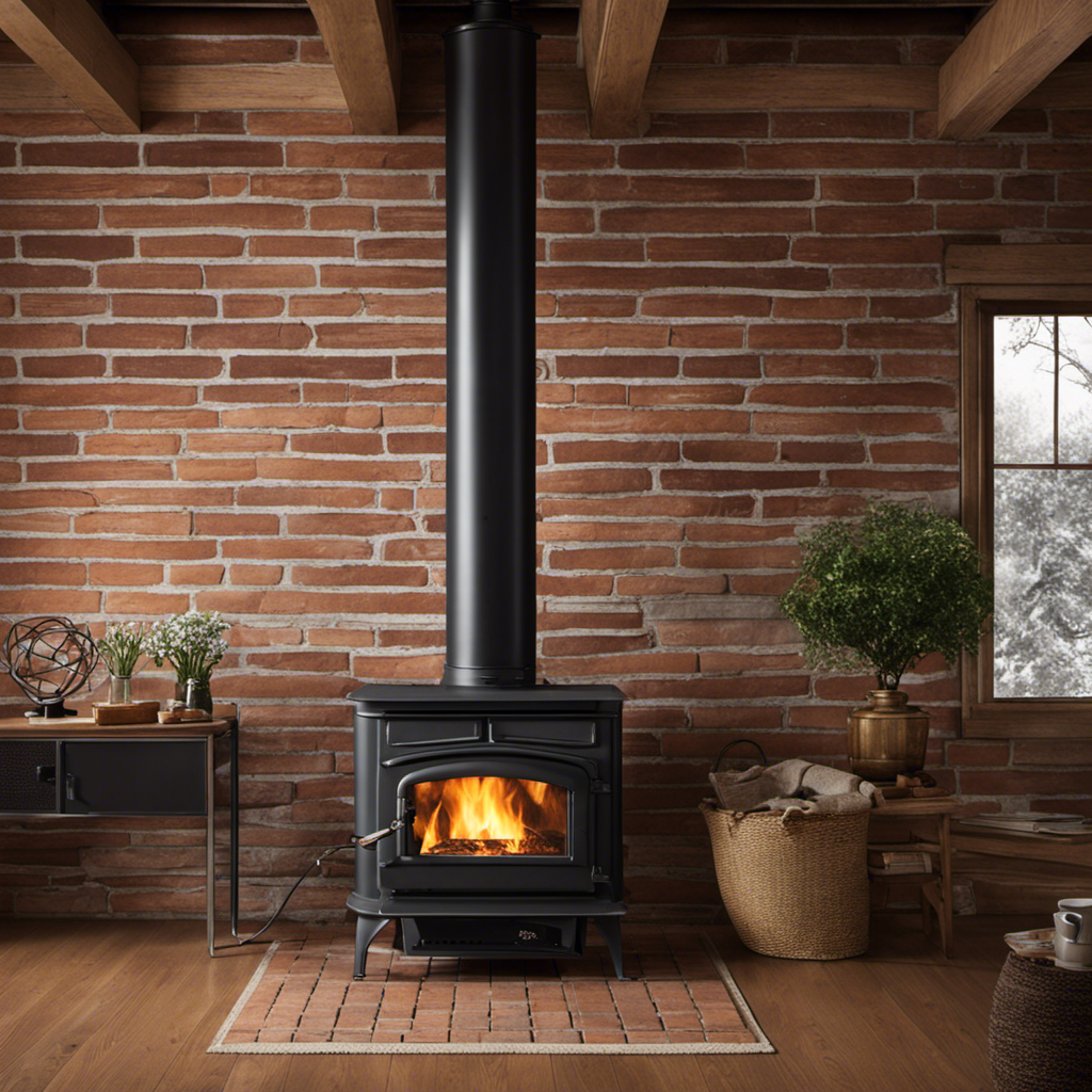 An image showcasing a wood stove, radiating comforting warmth, perfectly positioned at least 18 inches away from a sturdy brick wall