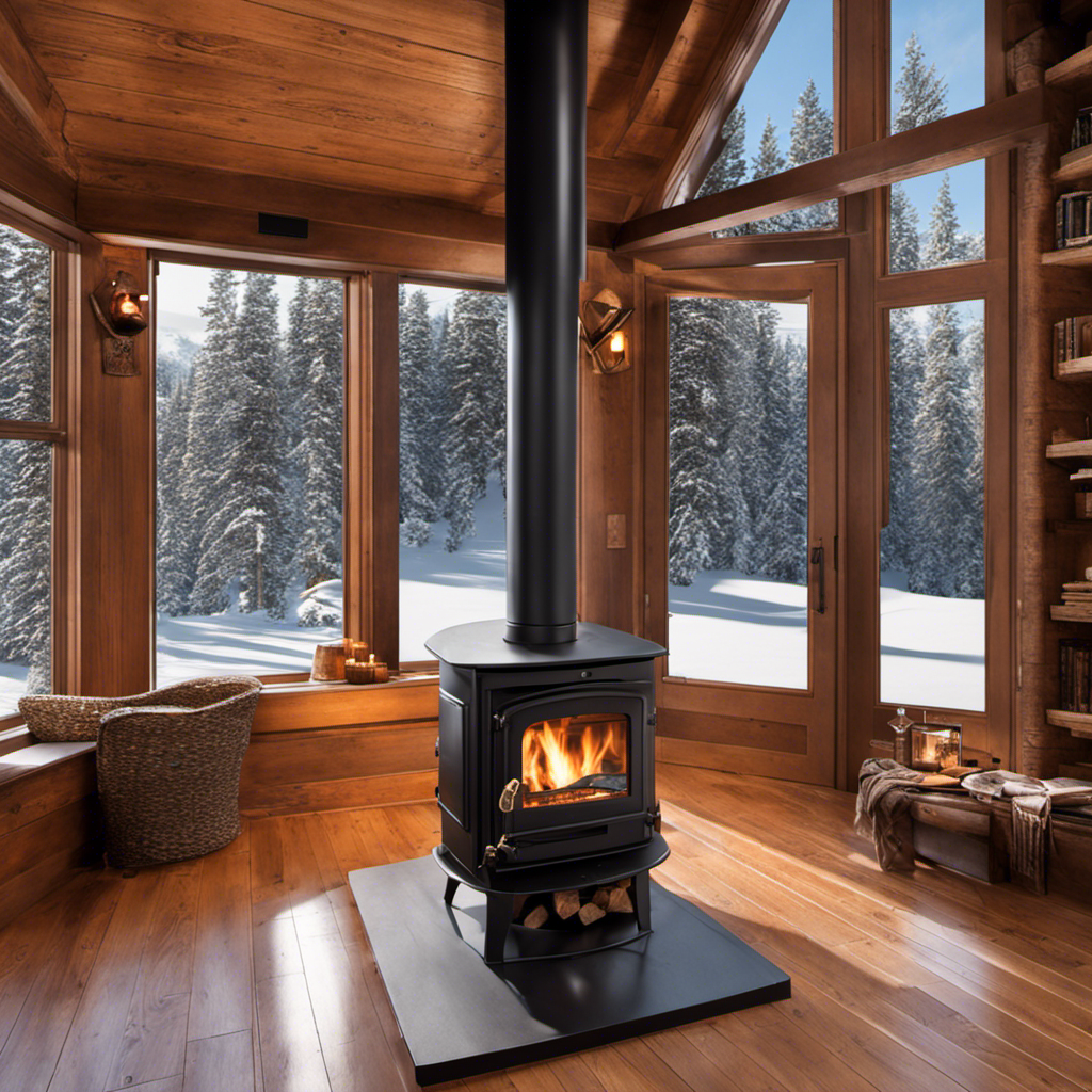 An image showcasing a wood stove tucked cozily in a rustic cabin corner, its chimney extending through the ceiling, with a precise measurement of the required safe distance from the adjacent wall