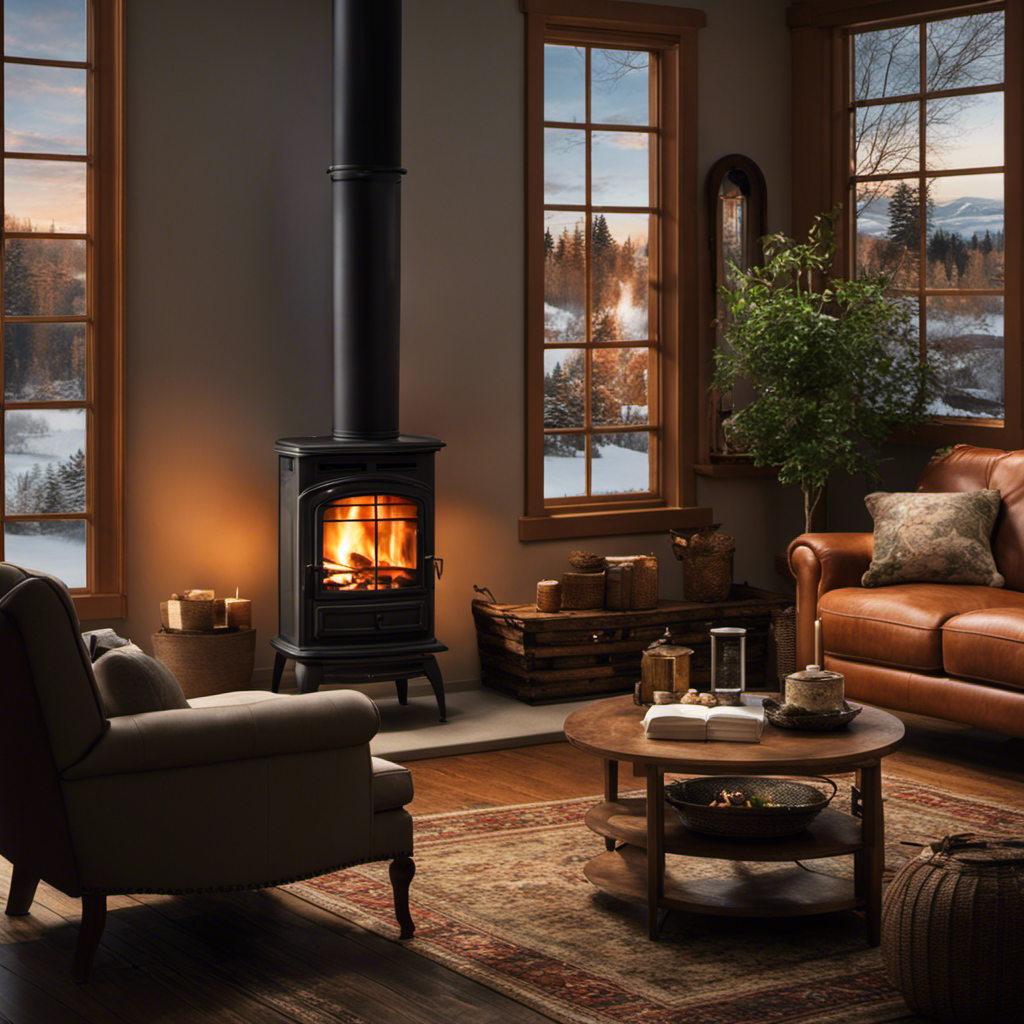 An image capturing a cozy living room scene with a wood stove, showcasing the recommended safe distance between a well-illuminated window and the stove pipe, ensuring optimal ventilation and fire safety