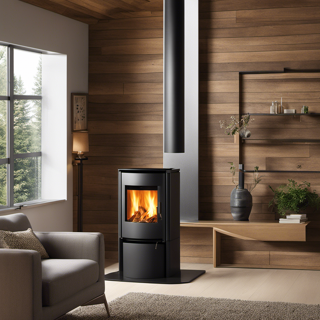 An image showcasing a wood pellet stove placed in a well-ventilated room, with clearances of 12 inches on each side, 36 inches in front, and 18 inches from a non-combustible wall