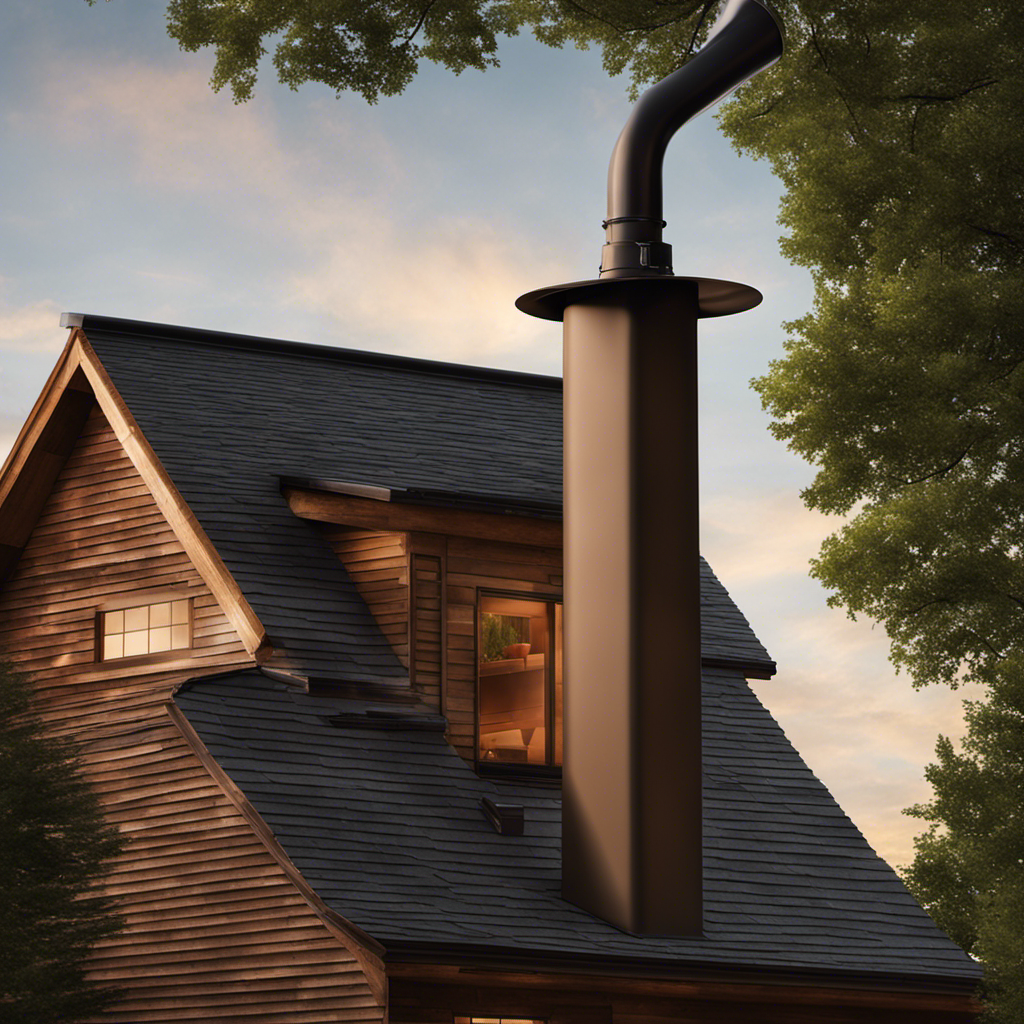 An image showcasing a wood stove chimney protruding from a roof, with clearly visible measurements indicating the distance between the chimney and the roof vent