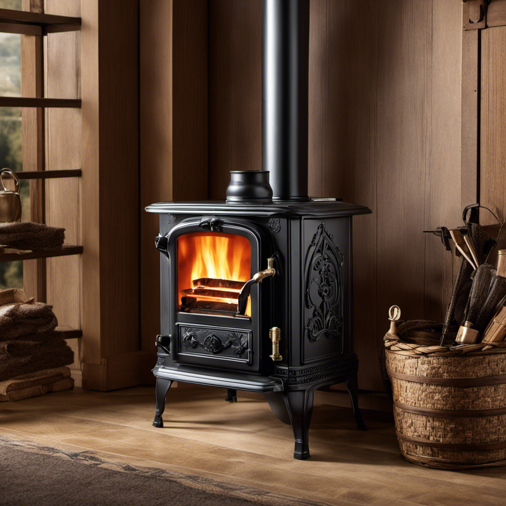 An image depicting a wood stove with a stove pipe thermometer attached, positioned at the ideal distance
