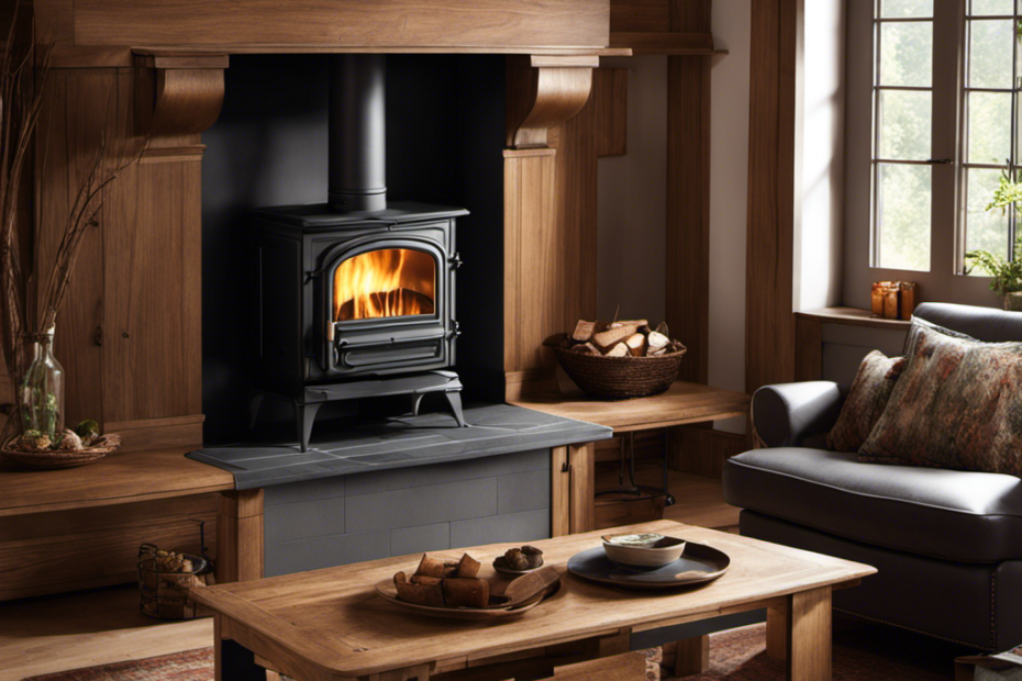 An image depicting a wood stove placed in a cozy living room