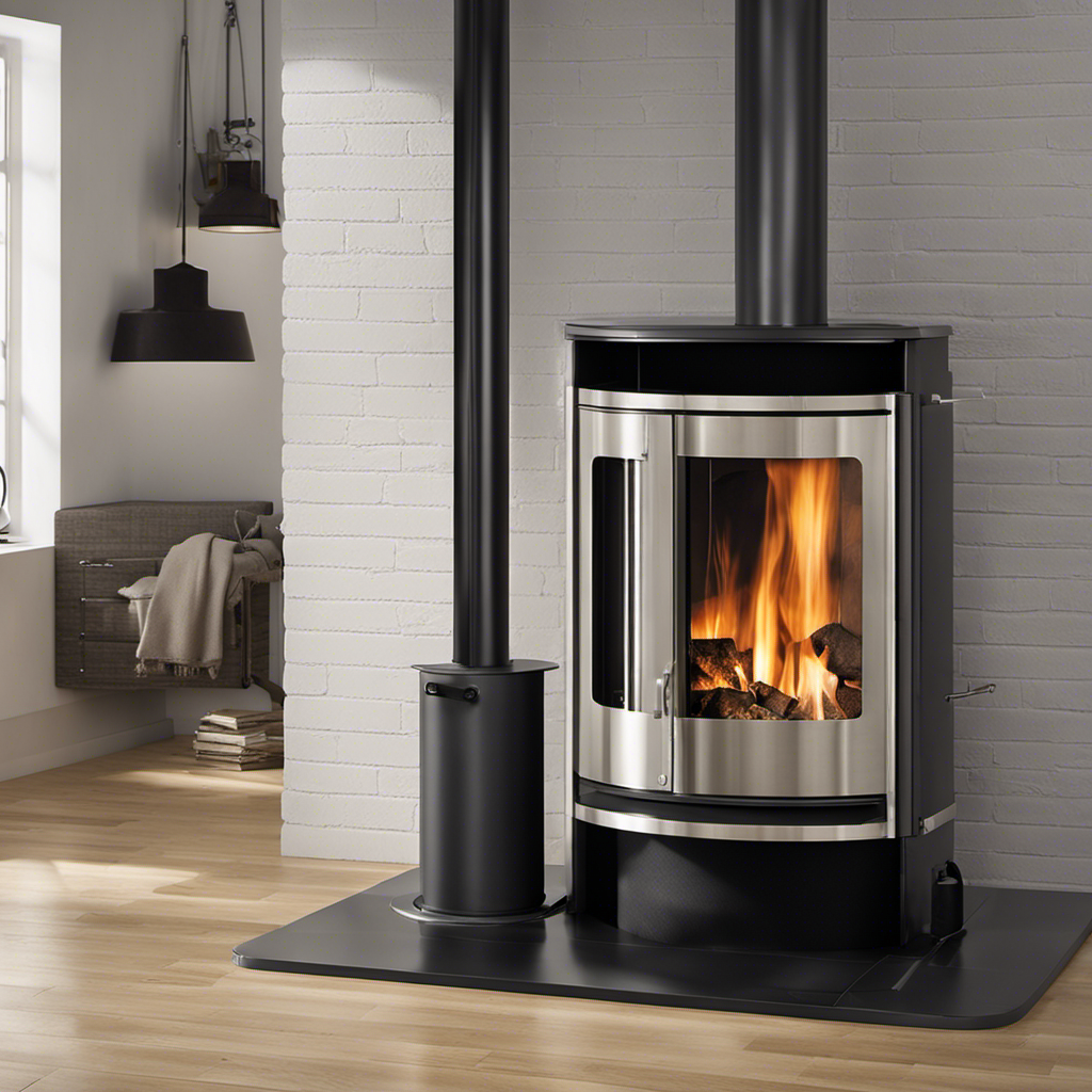 An image showcasing a wood stove placed in a well-ventilated room against a non-combustible wall