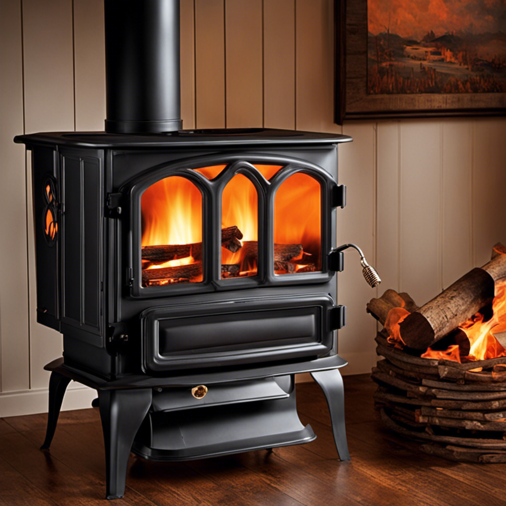 An image of an old-timer wood stove with its intake vents partially open, revealing a mesmerizing dance of vibrant orange flames, delicately licking the seasoned logs, while wisps of smoke gracefully escape through the chimney