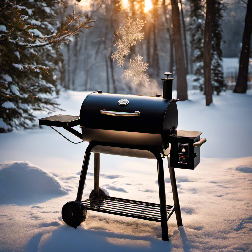 An image showcasing a winter wonderland scene with a wood pellet grill taking center stage