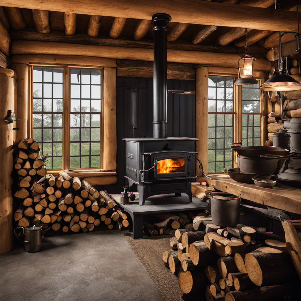 An image showcasing a blacksmith meticulously measuring and weighing different gauges of steel, surrounded by a pile of logs and a blueprint of a wood stove, highlighting the importance of choosing the right weight for optimal wood stove construction