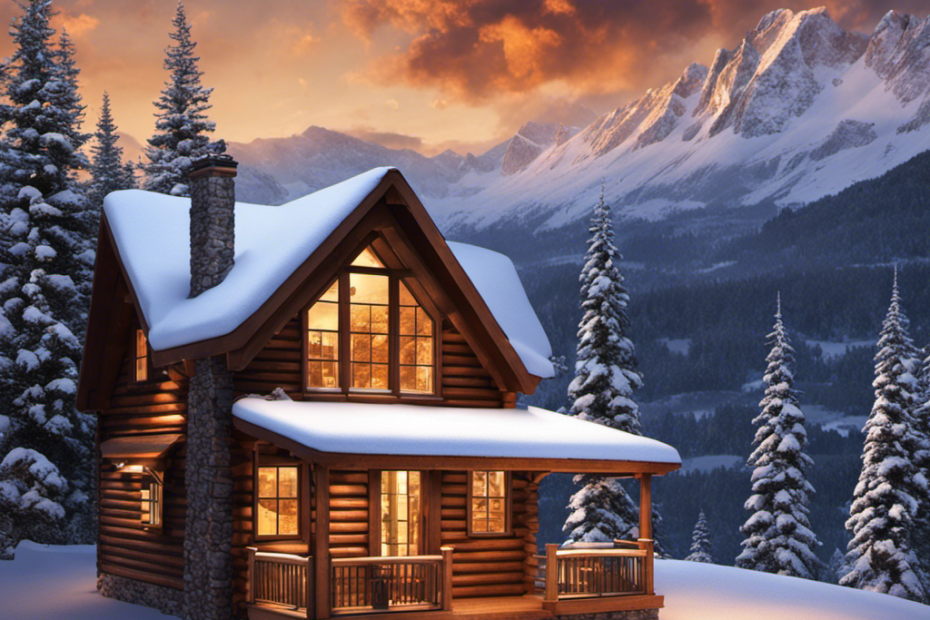 An image showcasing a cozy cabin nestled in a snowy mountainous landscape, with a wood stove chimney gracefully extending above the roofline