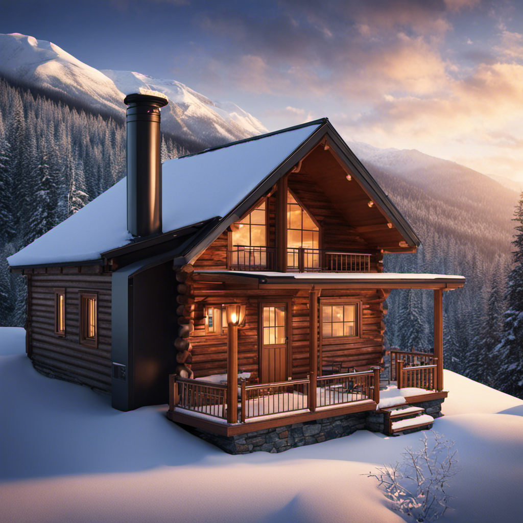 An image showcasing a sturdy wood stove pipe, elegantly extending above the roofline of a cozy cabin