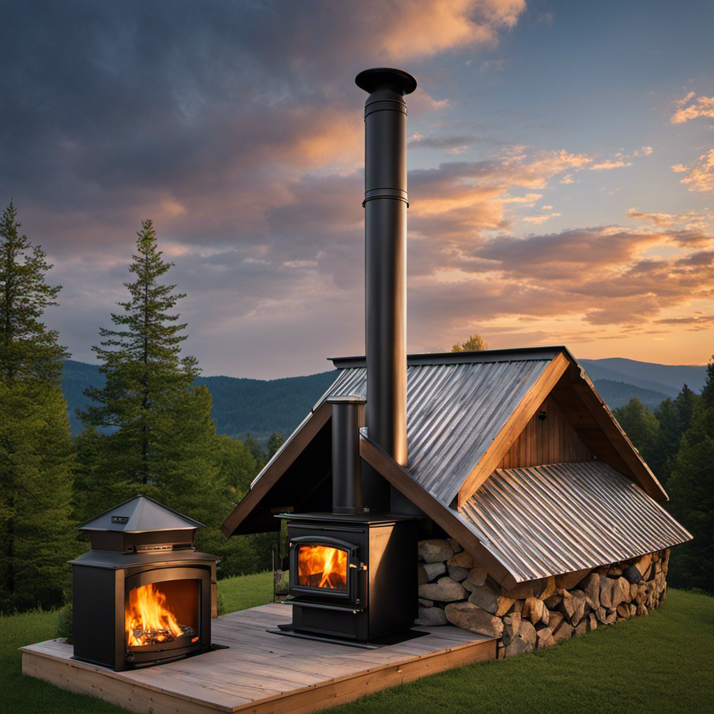An image showcasing a wood stove chimney protruding above a roof, precisely 2 feet higher than the ridge, with a safe distance from any nearby trees, demonstrating the ideal height for optimal chimney function