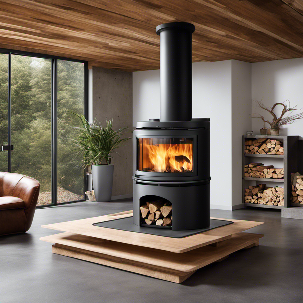 An image featuring a wood stove on a raised platform, precisely 18 inches above a concrete floor