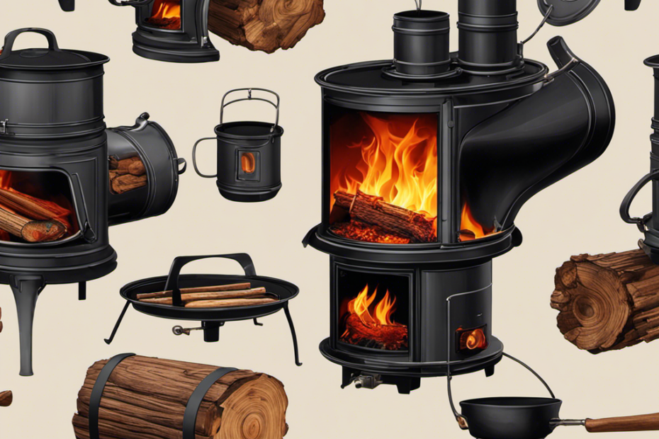 An image showcasing a portable wood stove in action: flames dancing, logs crackling, emitting intense heat