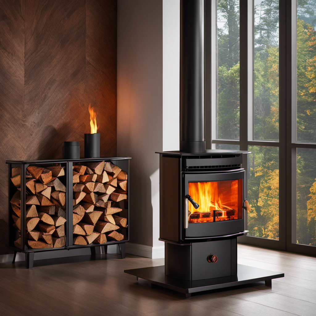 An image showcasing a roaring wood stove, radiating intense heat, with vibrant orange and red flames dancing amidst crackling logs