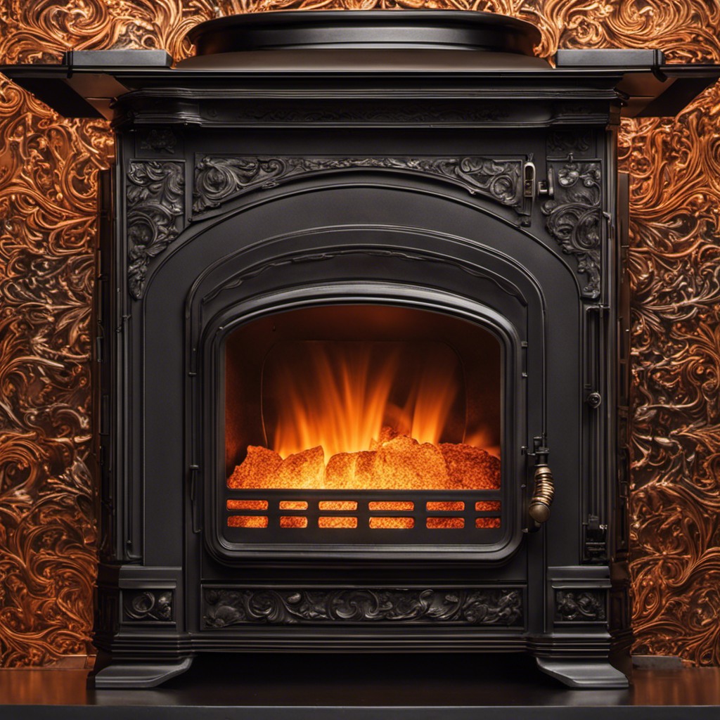 An image capturing the intense heat of a wood stove, with flickering orange flames dancing atop a bed of glowing embers, smoke swirling and billowing in intricate patterns, while the surrounding metal surfaces glisten with radiant heat