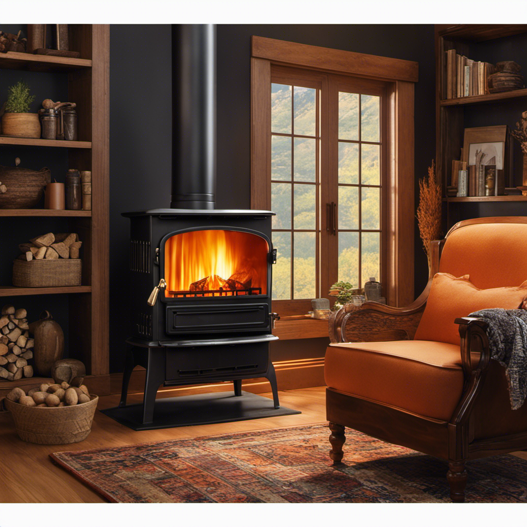 An image depicting a roaring wood stove, radiating a comforting orange glow