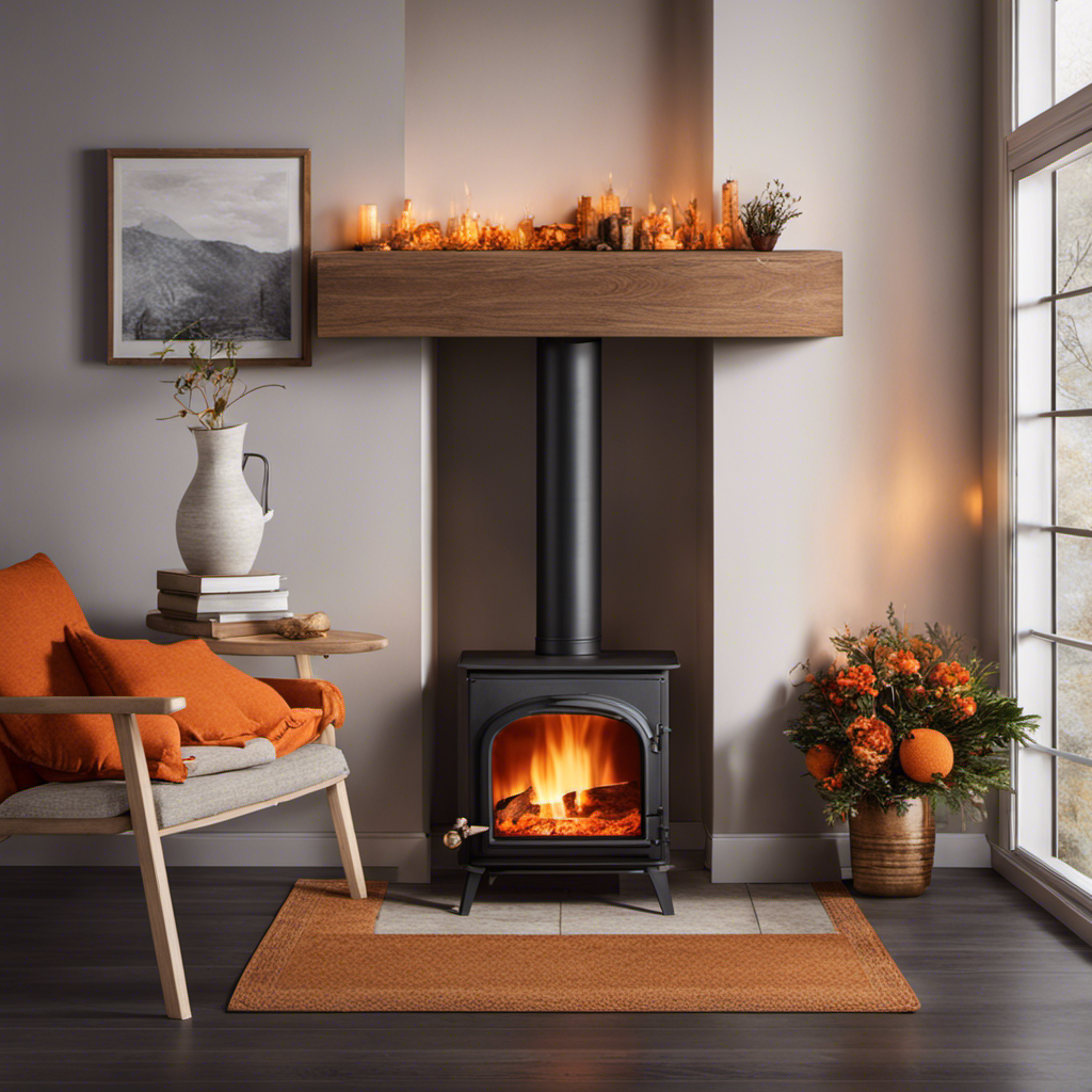 An image showcasing a cozy living room with a wood stove as the focal point