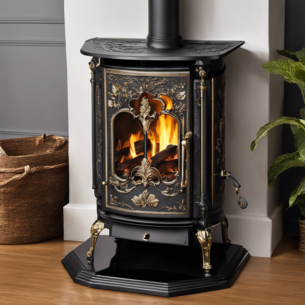 An image showcasing the intricate design of the Warm Morning Wood Stove: a cylindrical cast iron body with decorative floral patterns, a sturdy hinged door adorned with a polished brass handle, and a vented chimney releasing gentle wisps of smoke