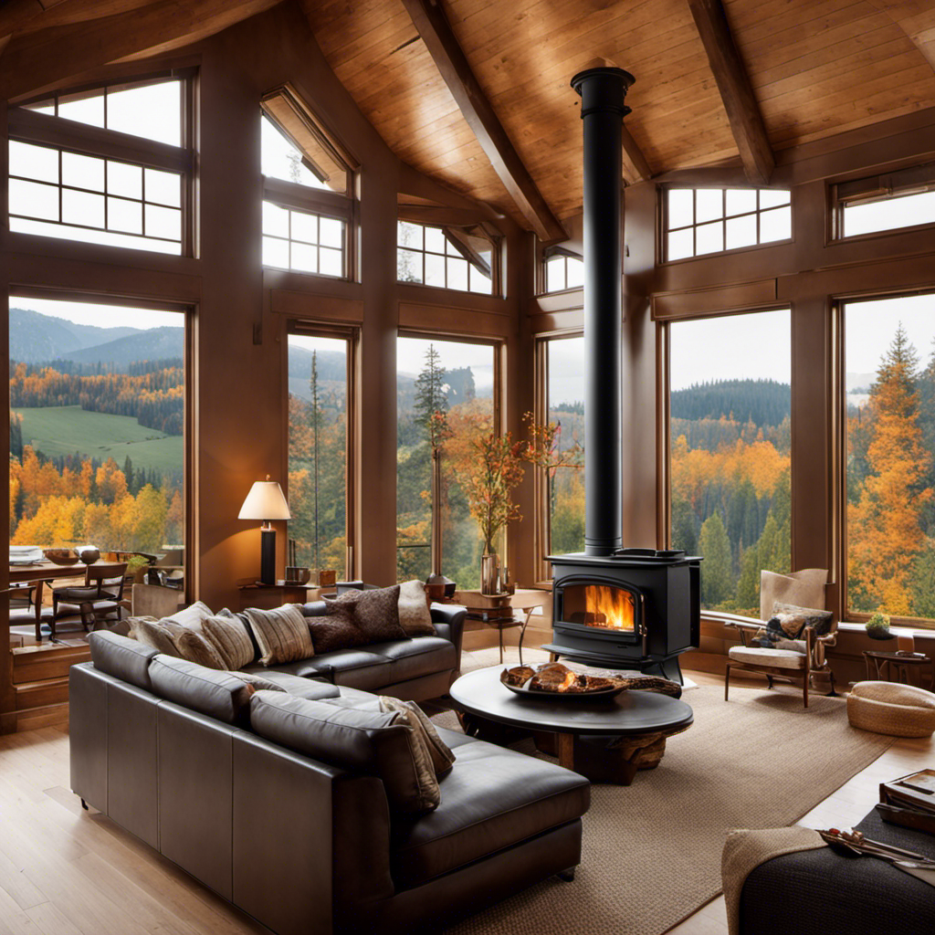 An image showcasing a cozy living room with a large wood stove as the focal point
